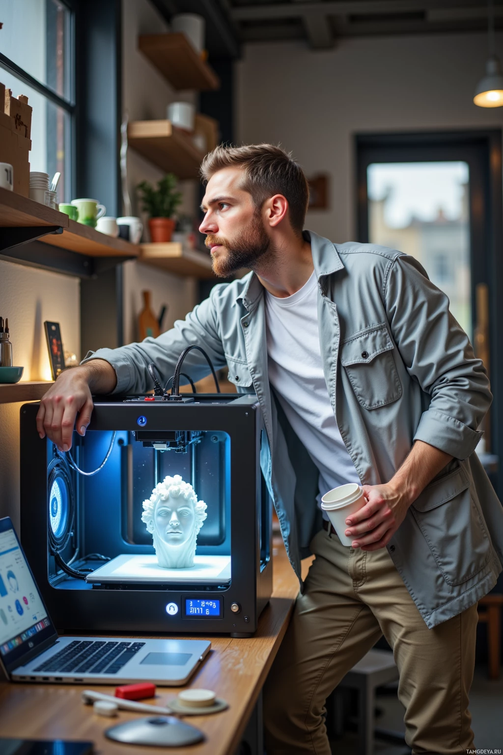 A man stands beside a 3D printer with a sculpture inside, holding a coffee cup.