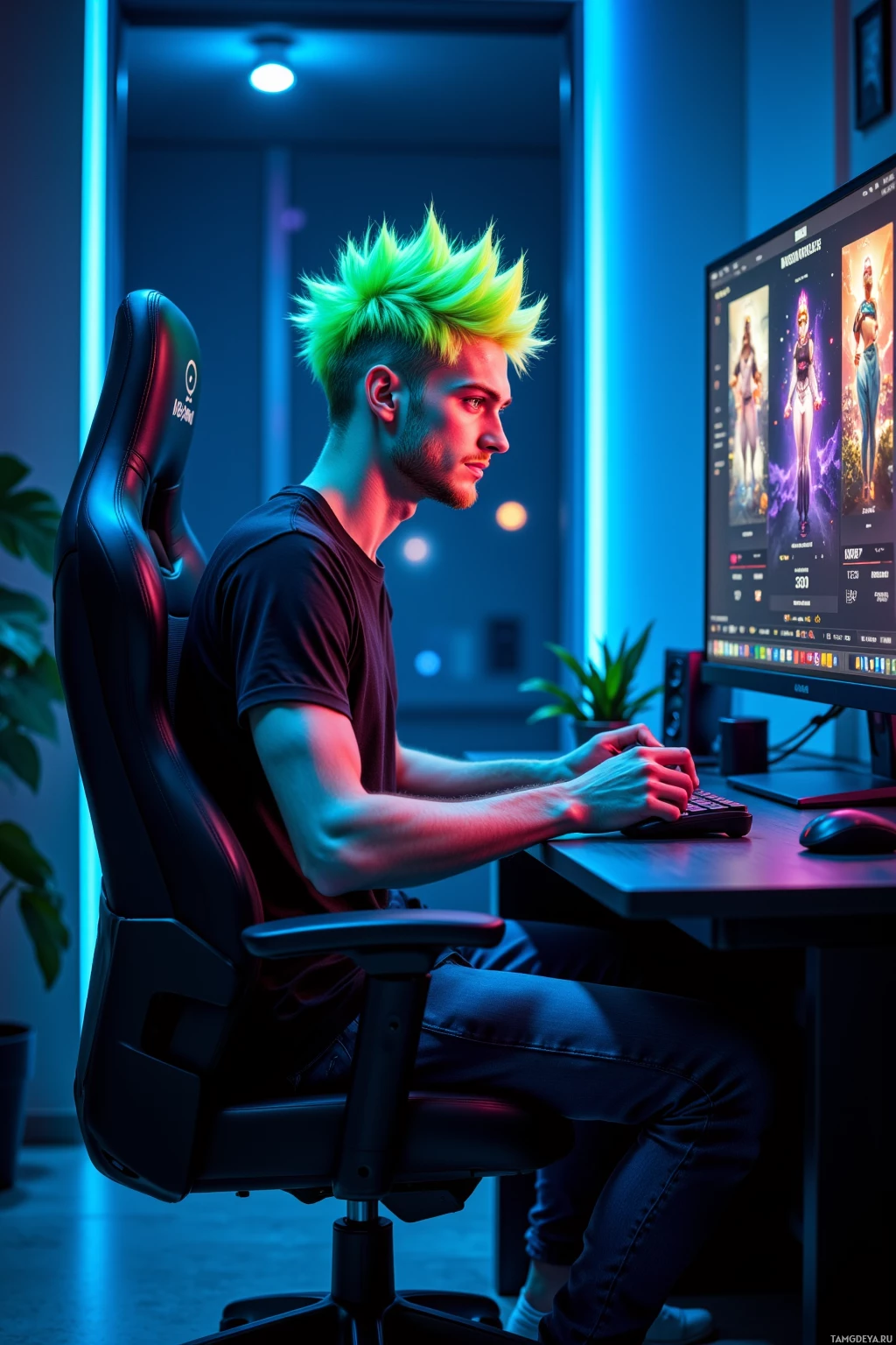 A person with vibrant green hair sits in a gaming chair, focused on a computer screen displaying colorful graphics.
