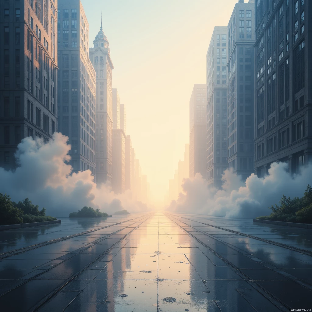 A foggy city street with tall buildings and a bright sky.