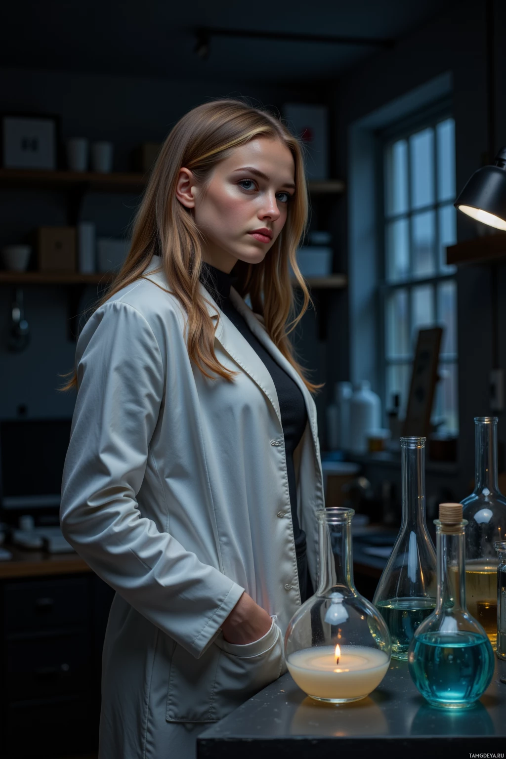 A person in a lab coat stands in a dimly lit laboratory with various glassware and a lit candle.