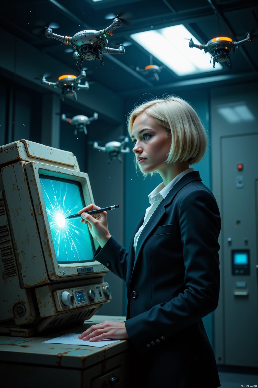 A woman in a suit interacts with a retro computer while drones hover above.