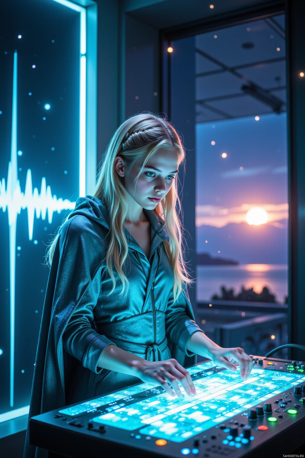 A person stands in front of a futuristic control panel with glowing blue lights, set against a window showing a sunset.