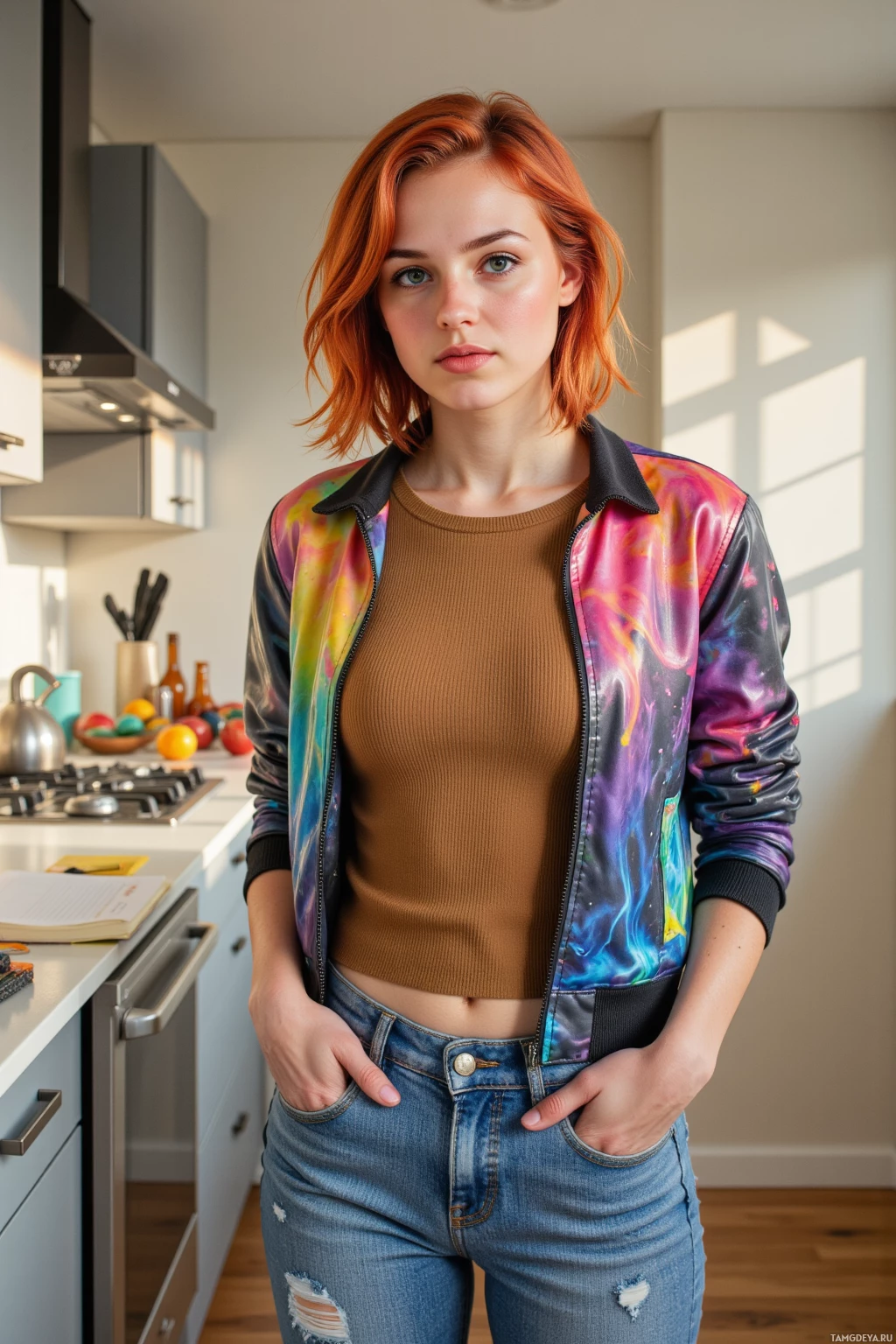 A person stands in a kitchen wearing a colorful jacket and jeans with hands in pockets.
