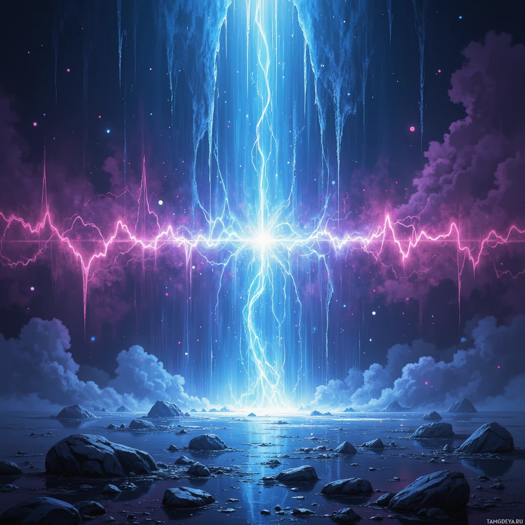 A vibrant cosmic scene with glowing blue and pink lightning streaks illuminating a rocky shoreline under a starry night sky.