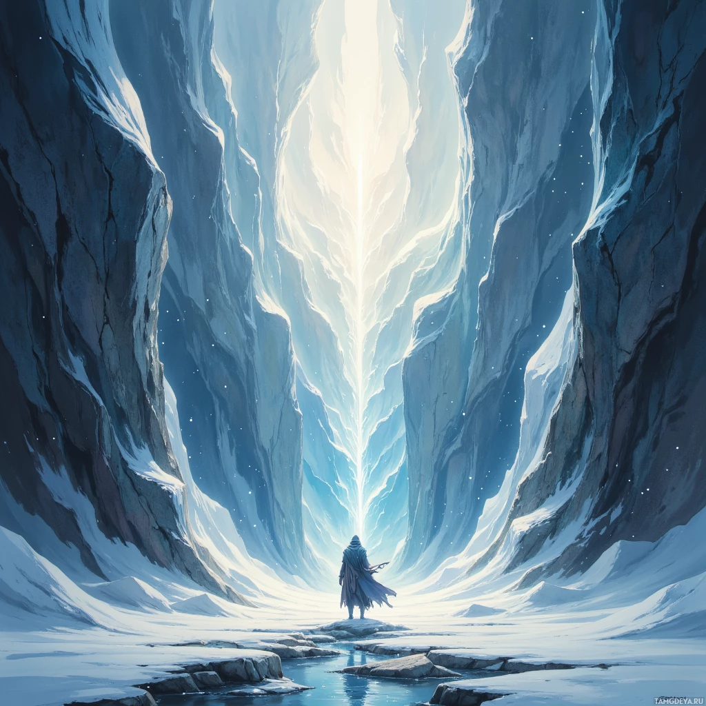 A lone figure stands at the entrance of a snowy canyon, facing a bright light at the end.