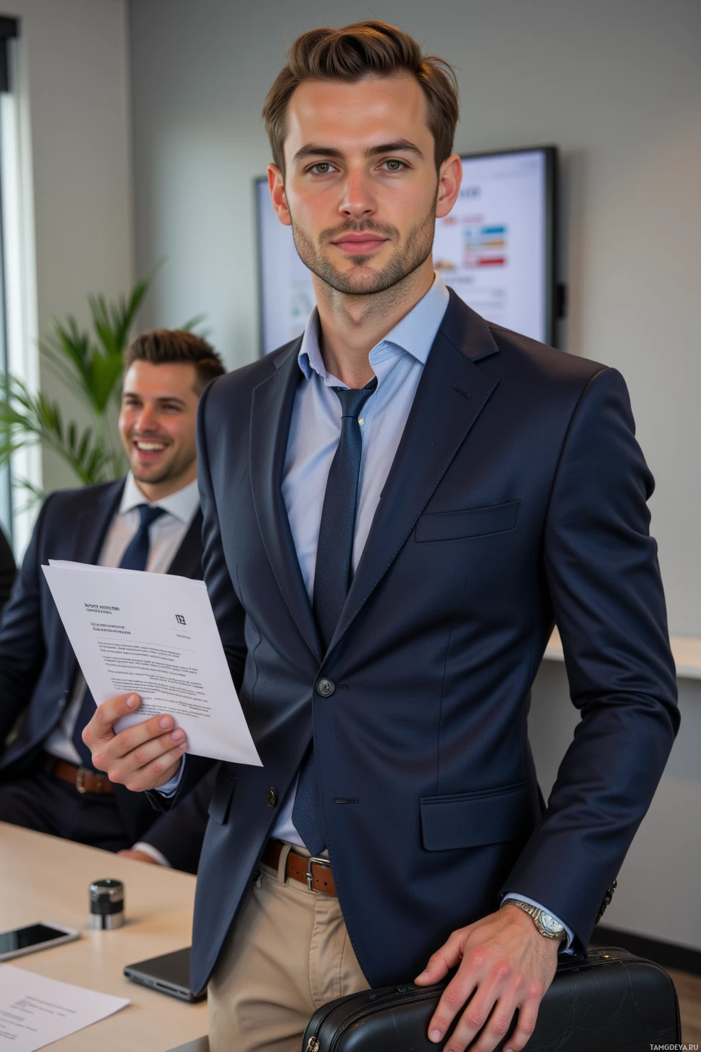 A man in a suit holds a document and smiles at the camera while another person is partially visible behind him.