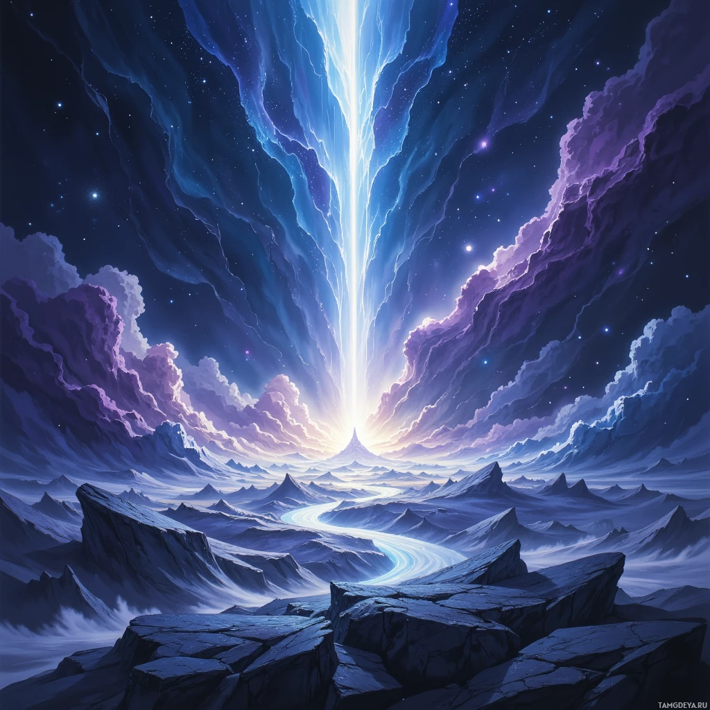 A fantastical landscape with a glowing light beam descending from the sky, surrounded by starry clouds and rugged terrain.