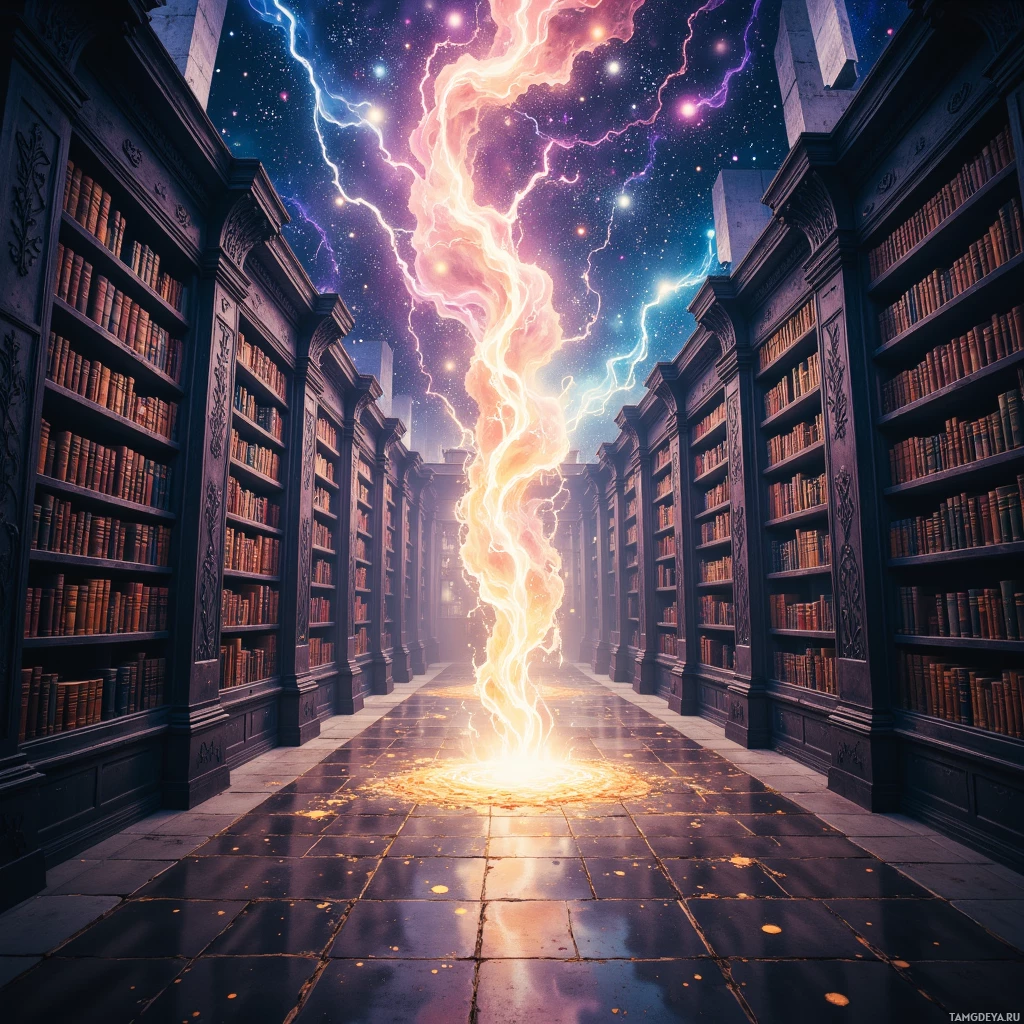 A library with bookshelves on either side and a glowing, electric-like energy column rising from the floor.