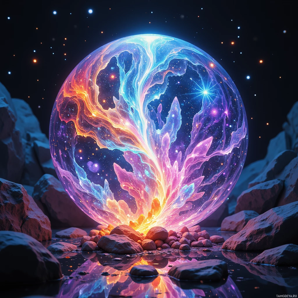 A glowing, colorful sphere with swirling patterns sits atop rocks, reflecting in a pool of water against a starry night sky.