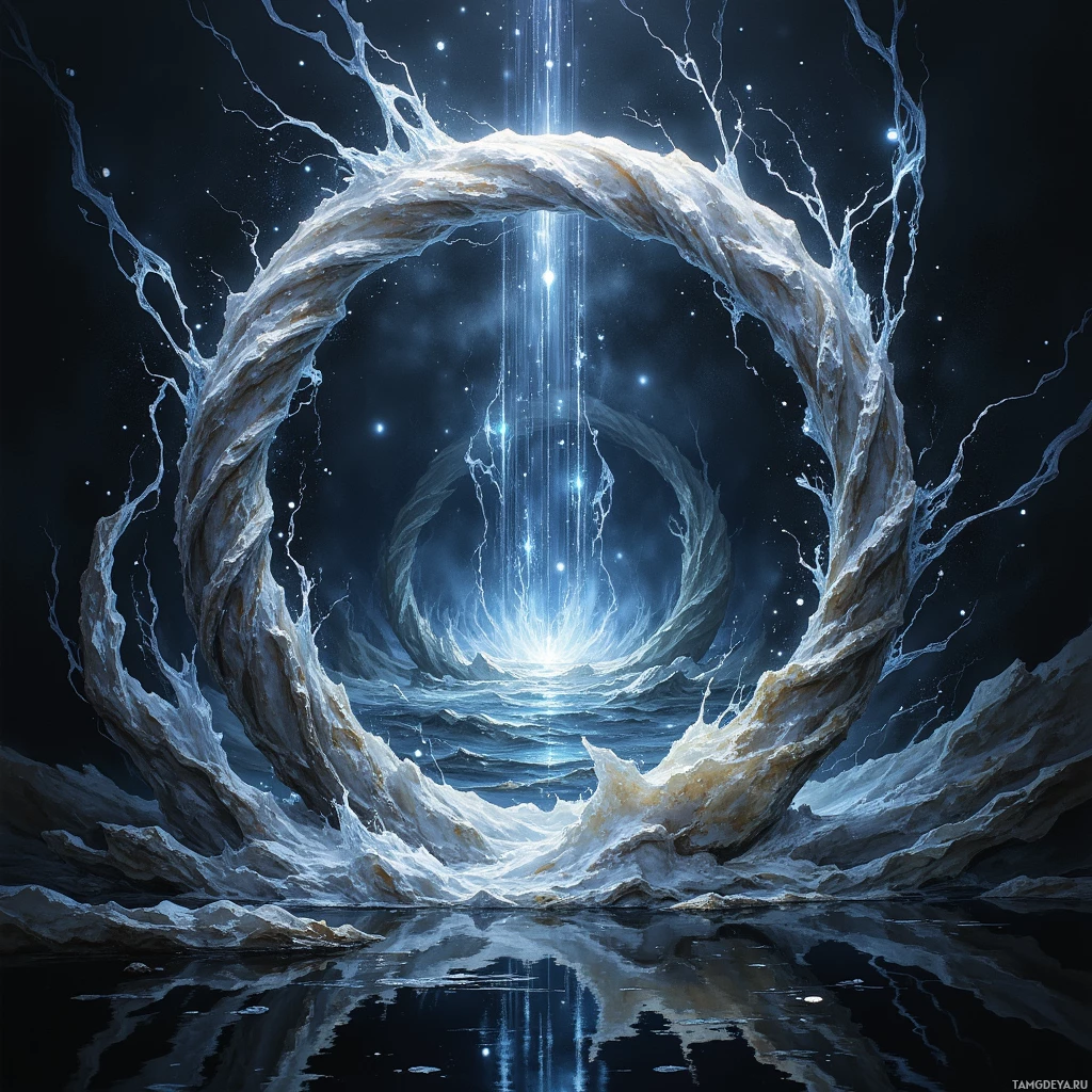 A swirling portal with glowing light and cosmic elements reflected in water below.