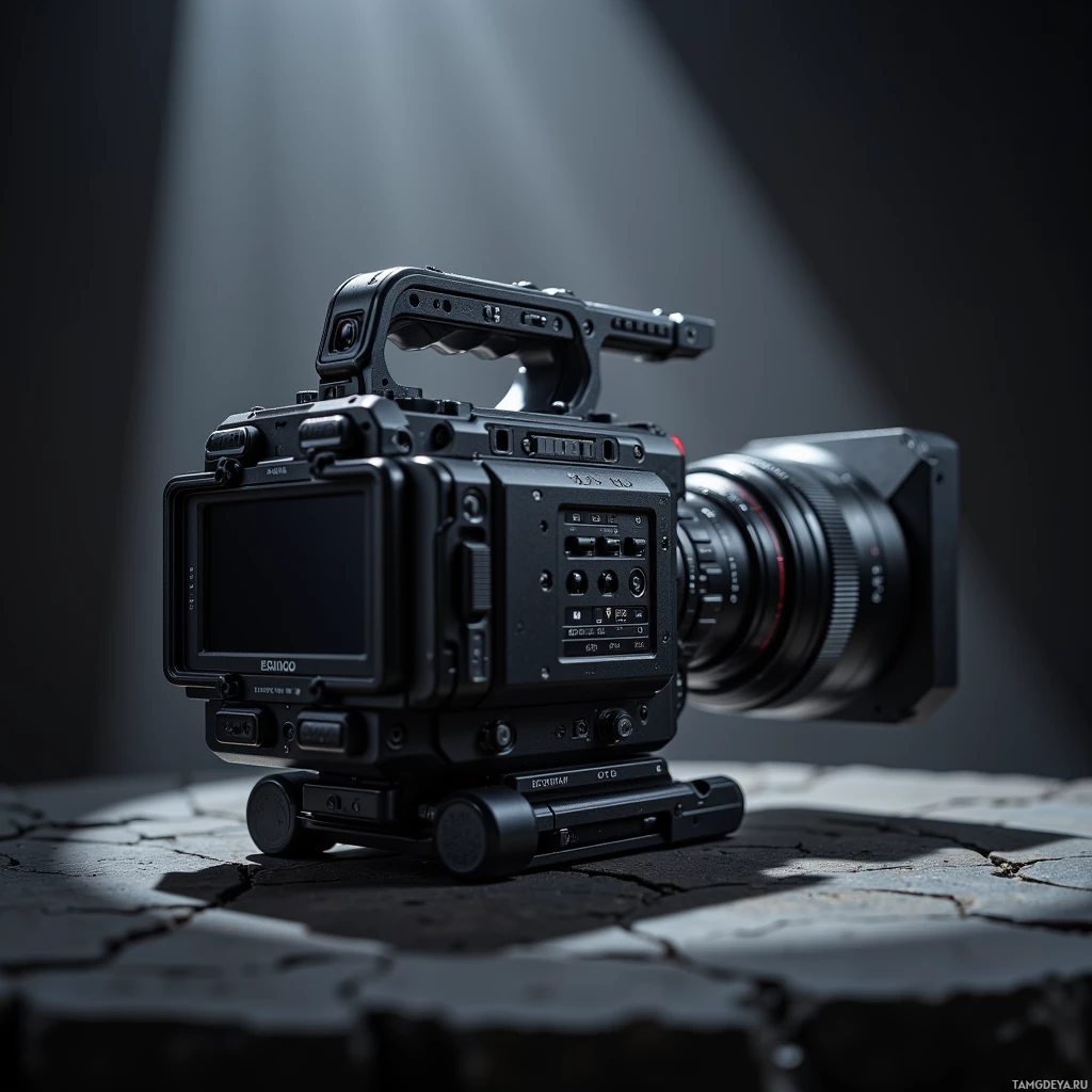 A professional camera setup with a large lens and handle is displayed on a textured surface.