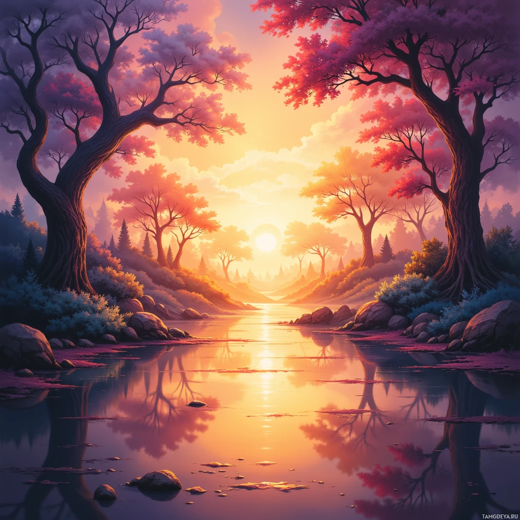 A serene sunset scene with a river reflecting the colorful sky and surrounding trees.