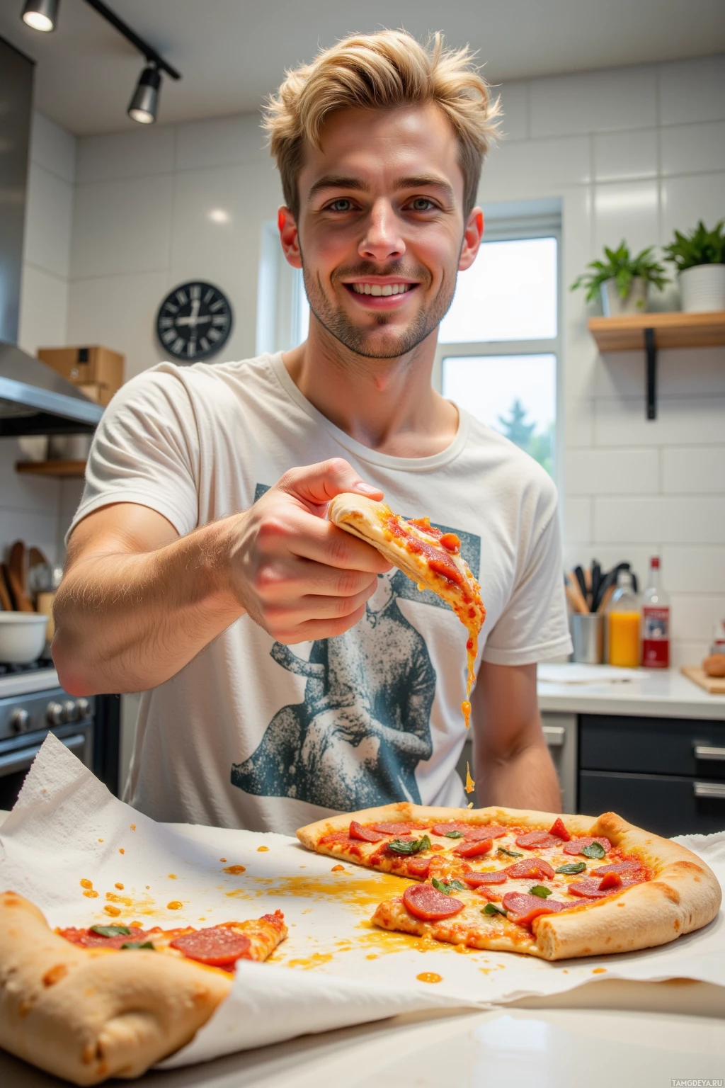 A person is holding up a slice of pepperoni pizza in front of a whole pizza on parchment paper.