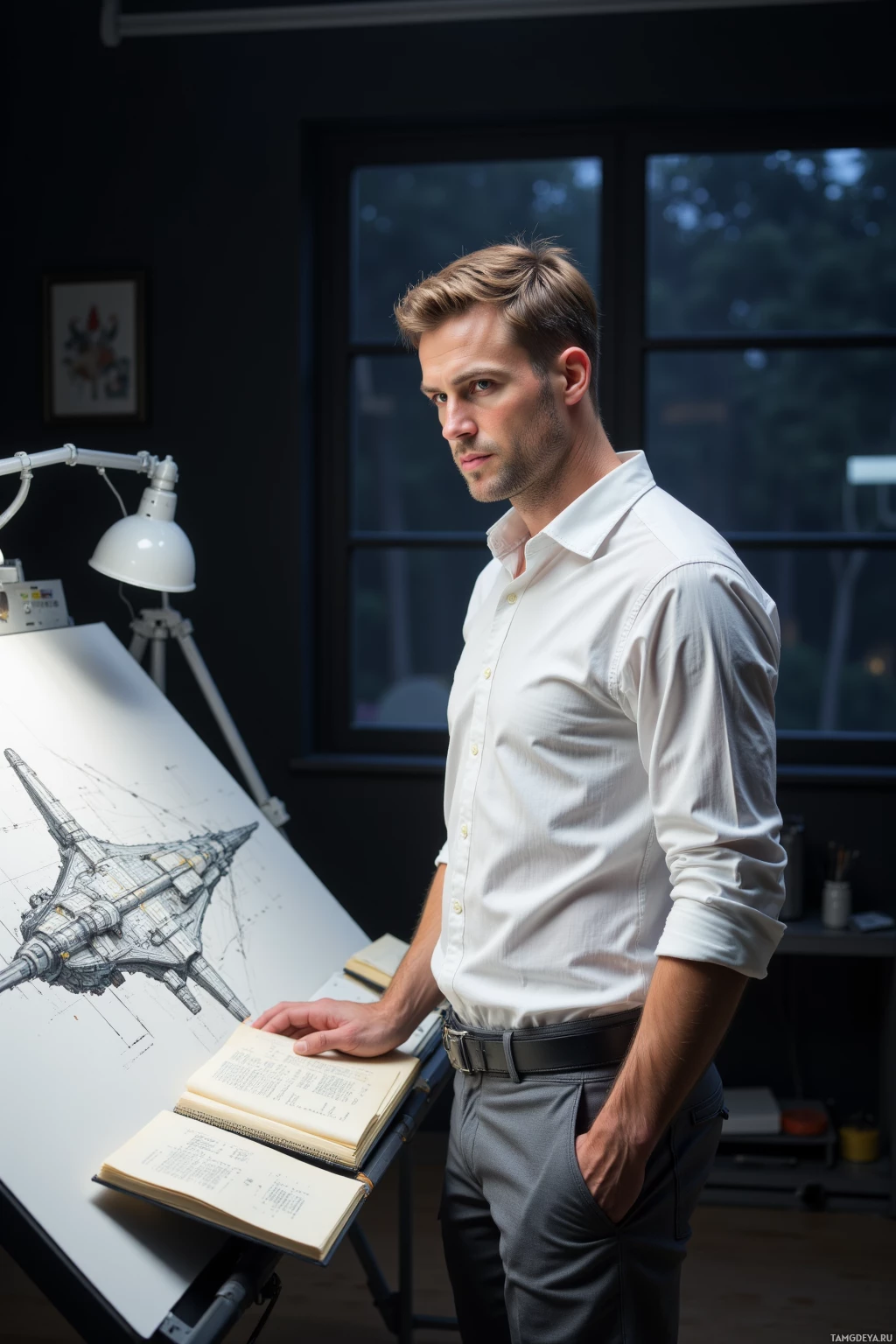 A man stands in a room with a drawing of a futuristic ship on a drafting table.