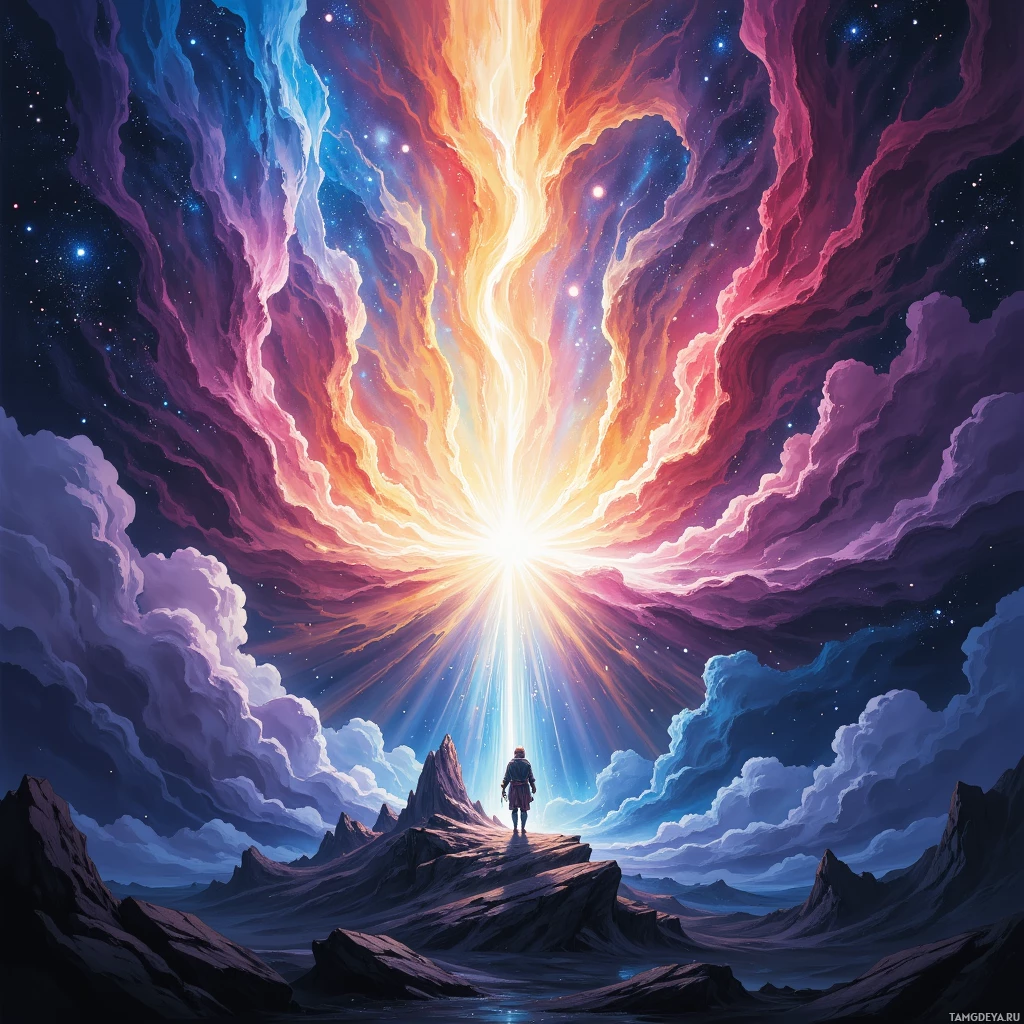 A lone figure stands atop rocky terrain under a vibrant sky filled with swirling clouds and radiant light beams.
