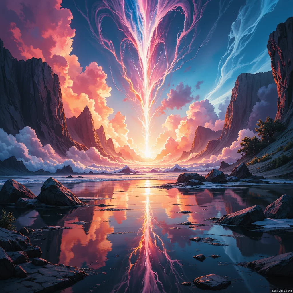 A vibrant sunset scene with a glowing light beam and colorful clouds reflected in a calm body of water.