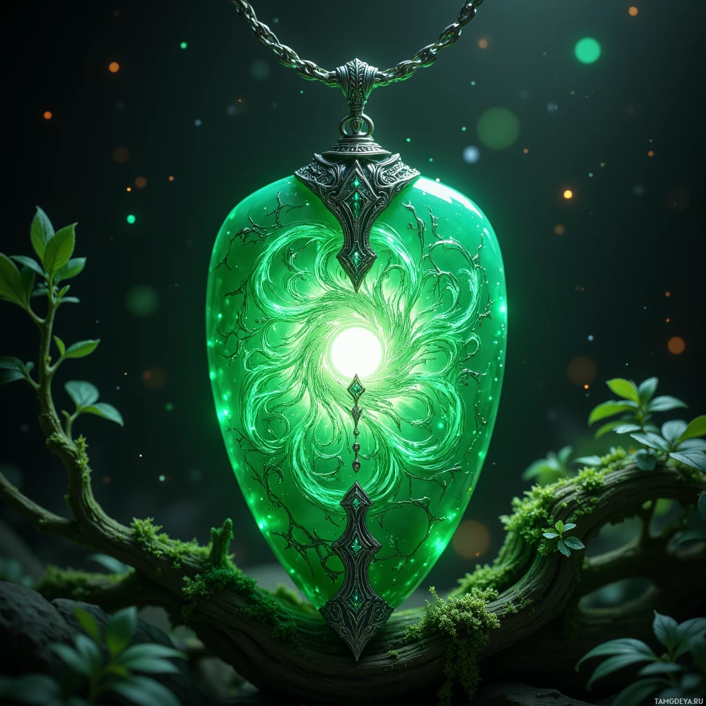 A glowing green pendant with intricate designs and a central light, set against a dark, bokeh background with green foliage.