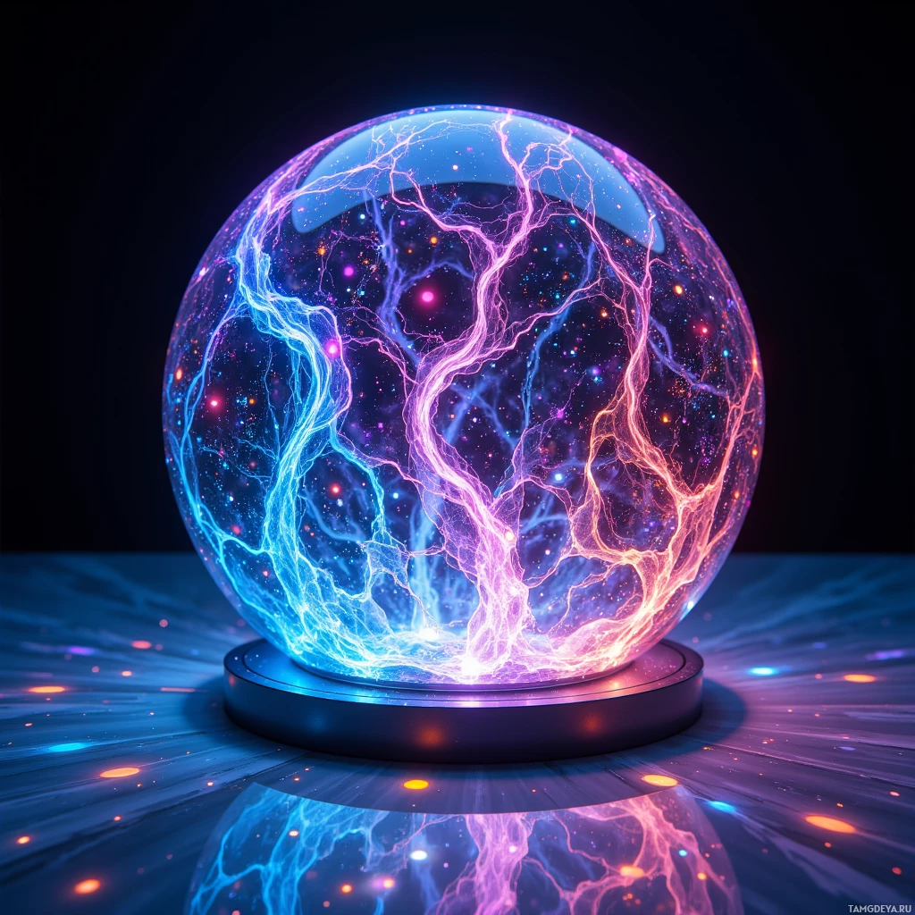 A glowing crystal ball with colorful lightning patterns and star-like specks inside is placed on a reflective surface.