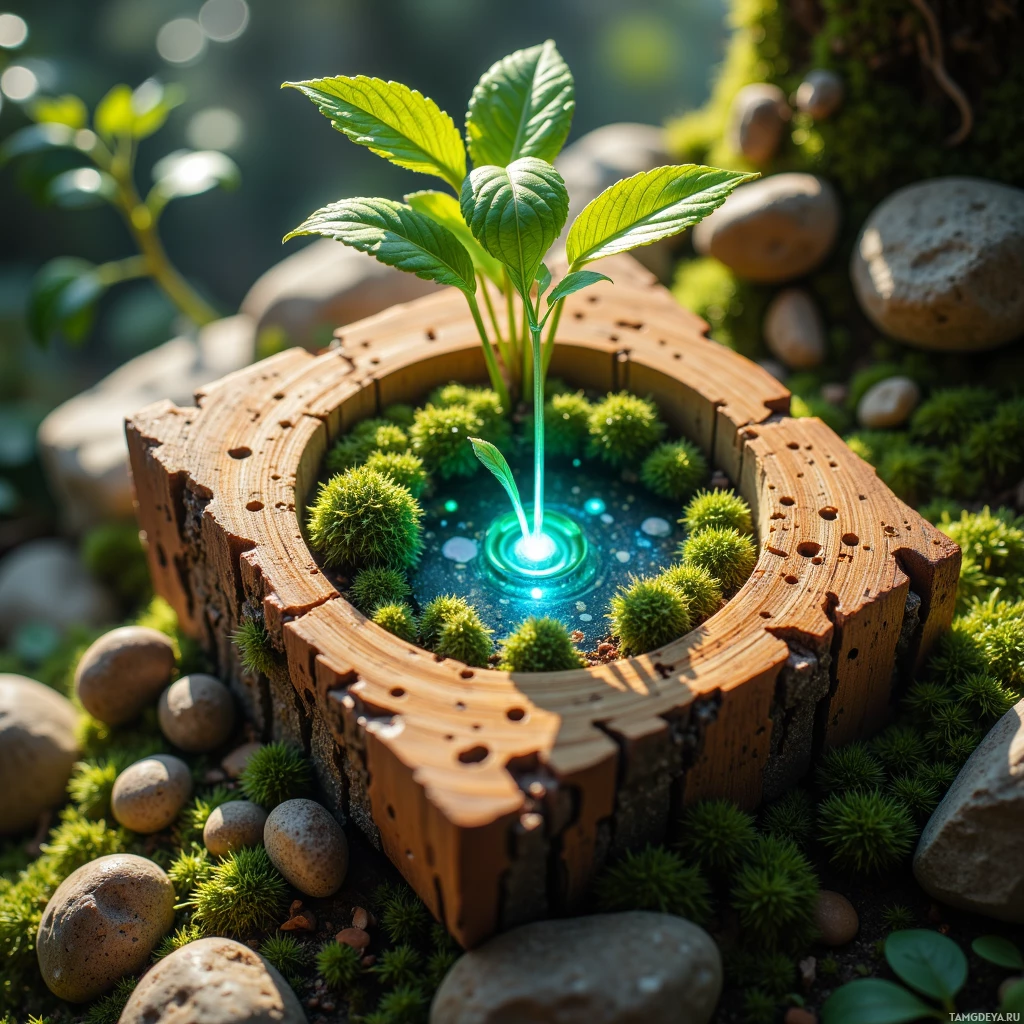 A small plant grows in a wooden planter surrounded by moss and rocks.