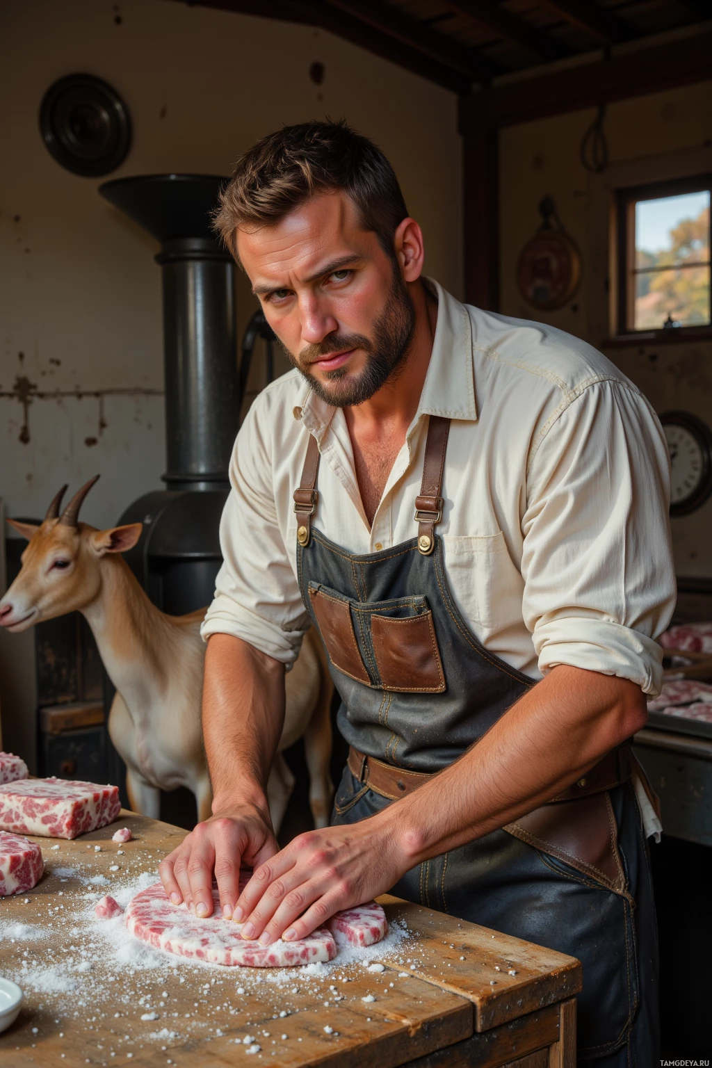 A man wearing an apron is preparing meat on a wooden table.