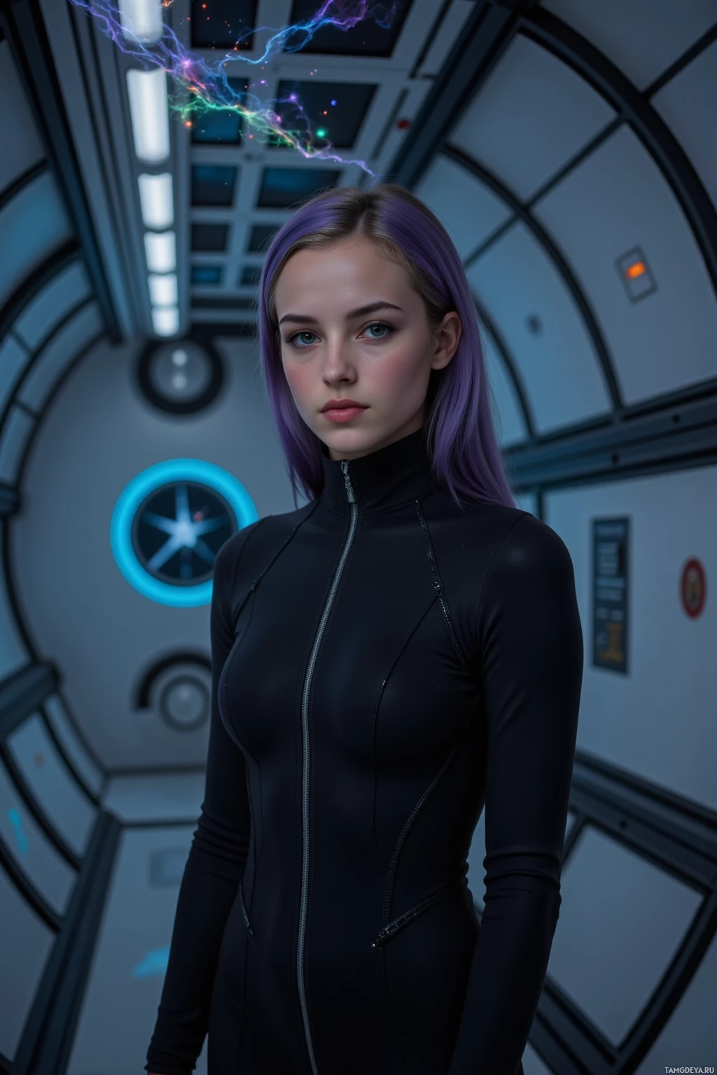 A person in a black bodysuit stands in a futuristic, sci-fi setting with glowing elements and a circular emblem in the background.