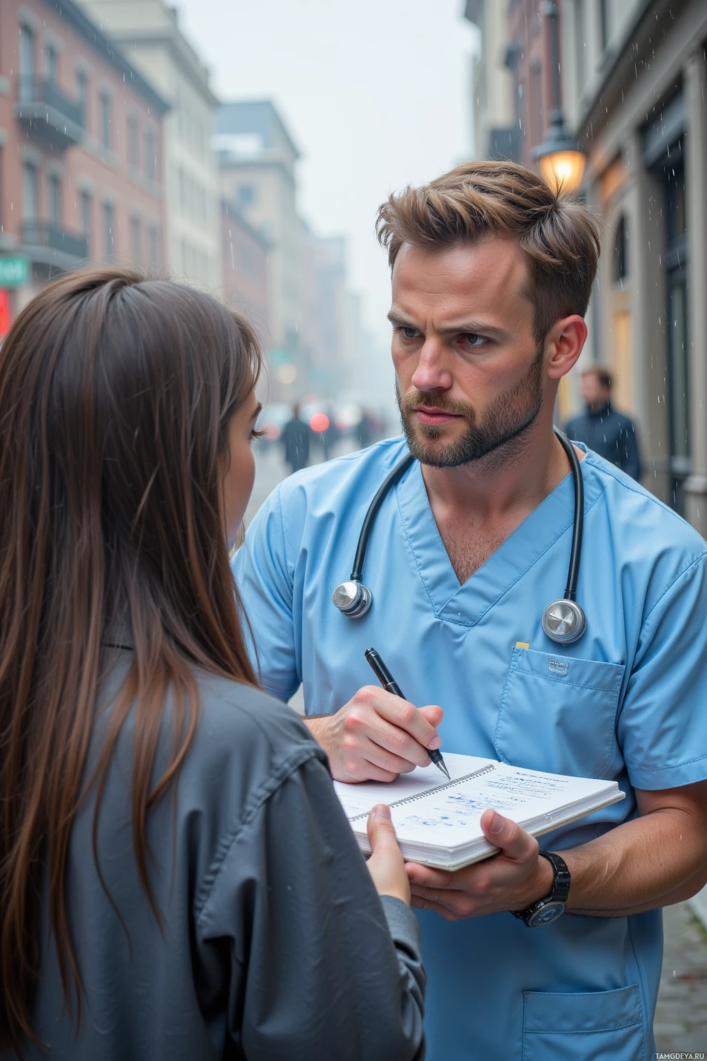 A healthcare professional in scrubs is taking notes while interacting with another individual on a rainy street.