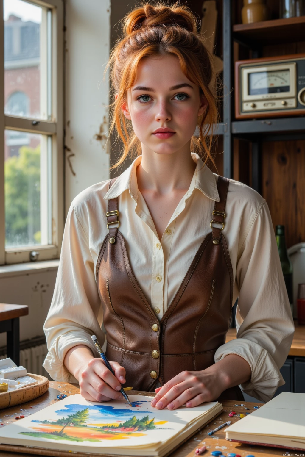 A person wearing an apron is painting in a studio setting with various art supplies around them.