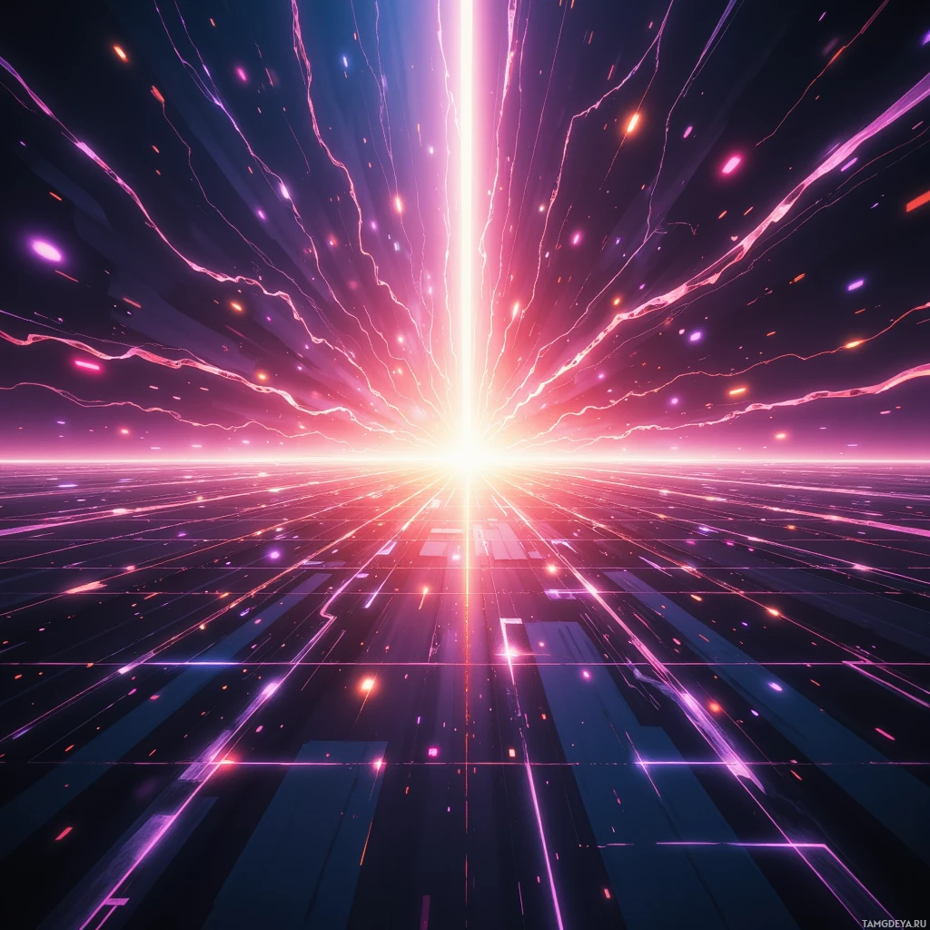 A vibrant digital artwork featuring a radiant light source with streaks and particles radiating outward in pink and purple hues against a dark background.
