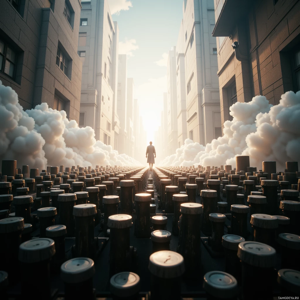 A lone figure stands amidst rows of cylindrical objects with smoke billowing from the sides in a cityscape.