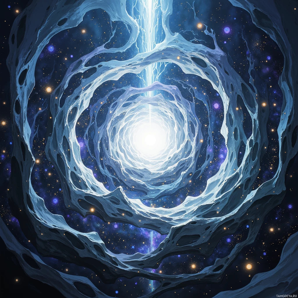 A swirling cosmic portal with glowing light at its center, set against a starry background.