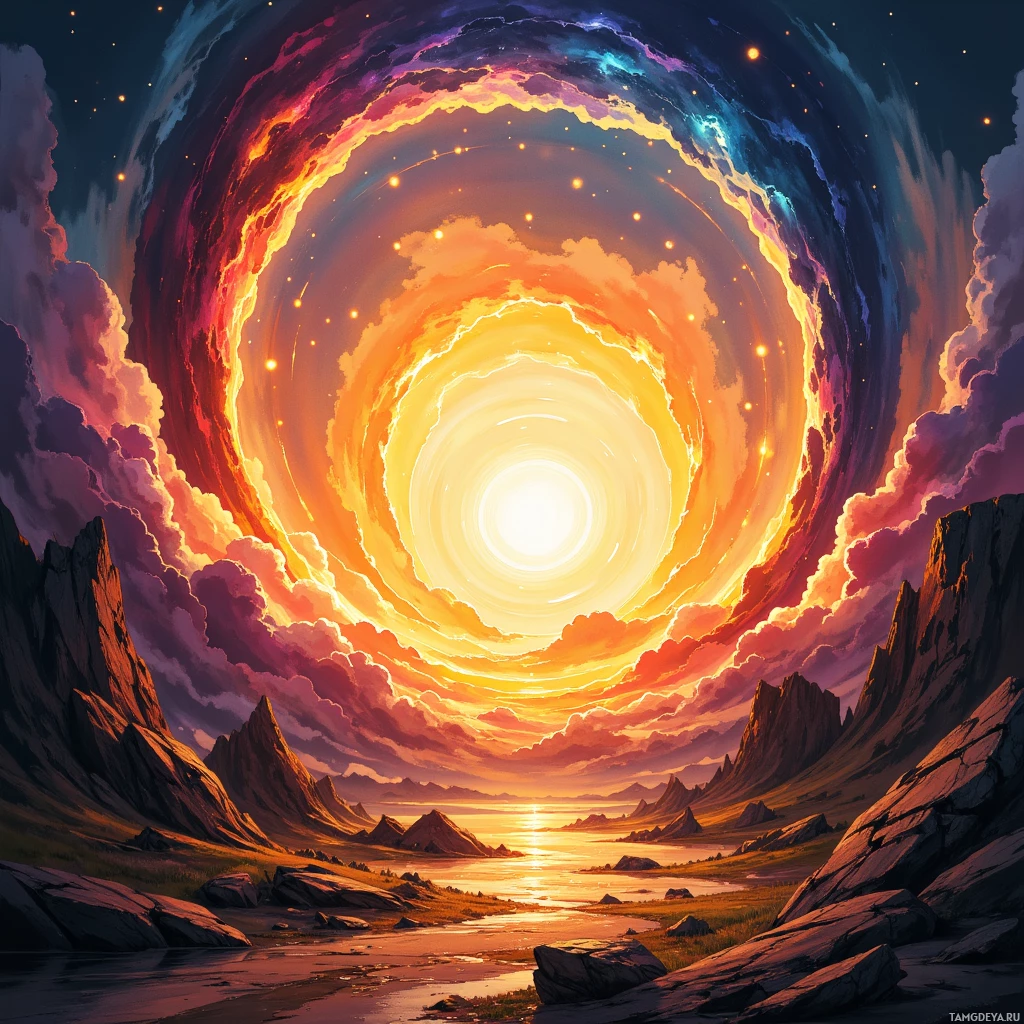 A vibrant, swirling vortex dominates this fantastical landscape scene with rugged mountains and a reflective body of water below.