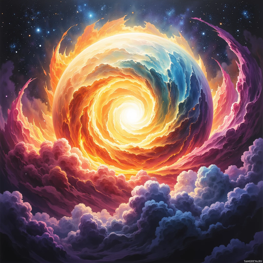 A vibrant, swirling vortex of colors with fiery and cosmic elements.