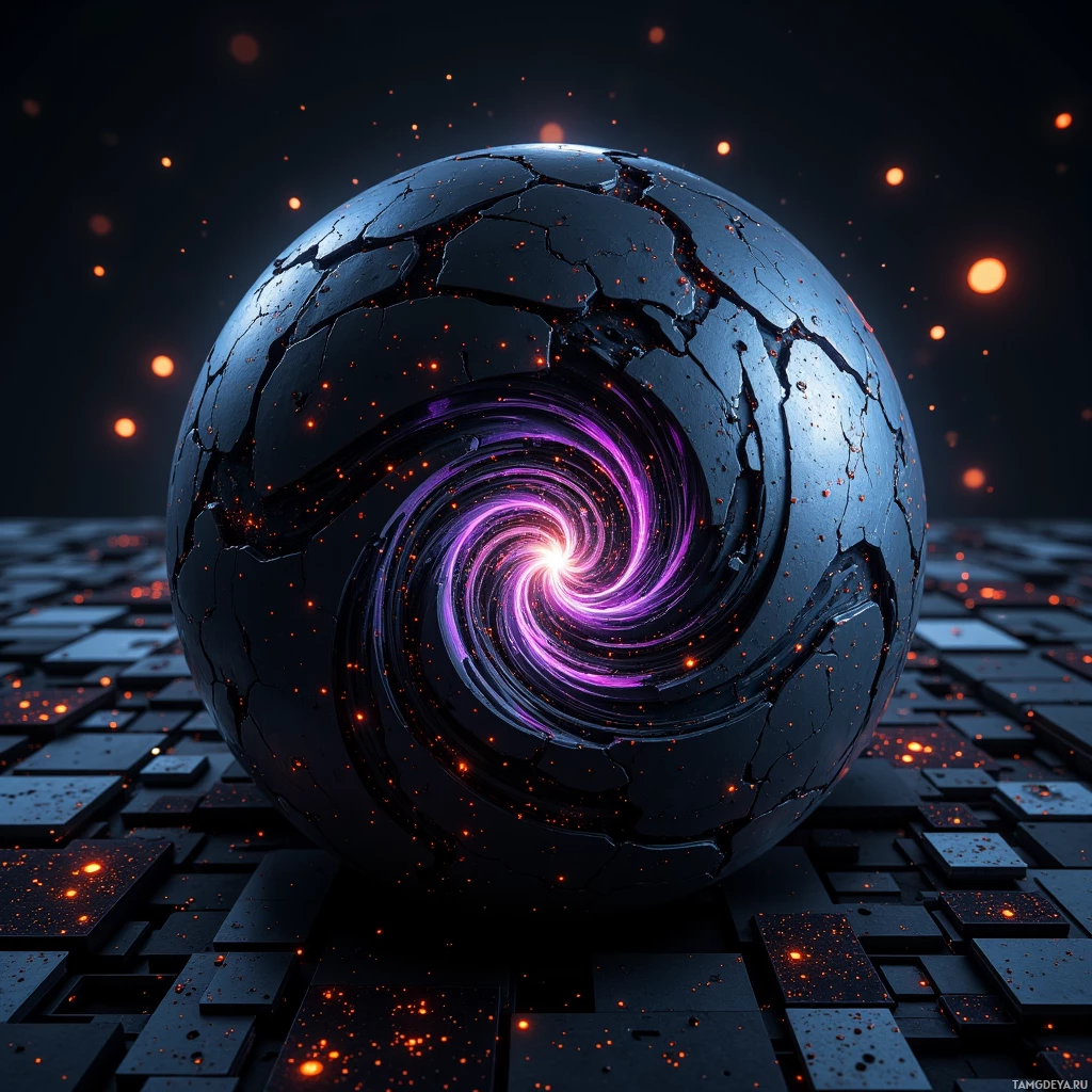 A cracked, glowing purple and orange sphere sits atop a dark, geometric surface.