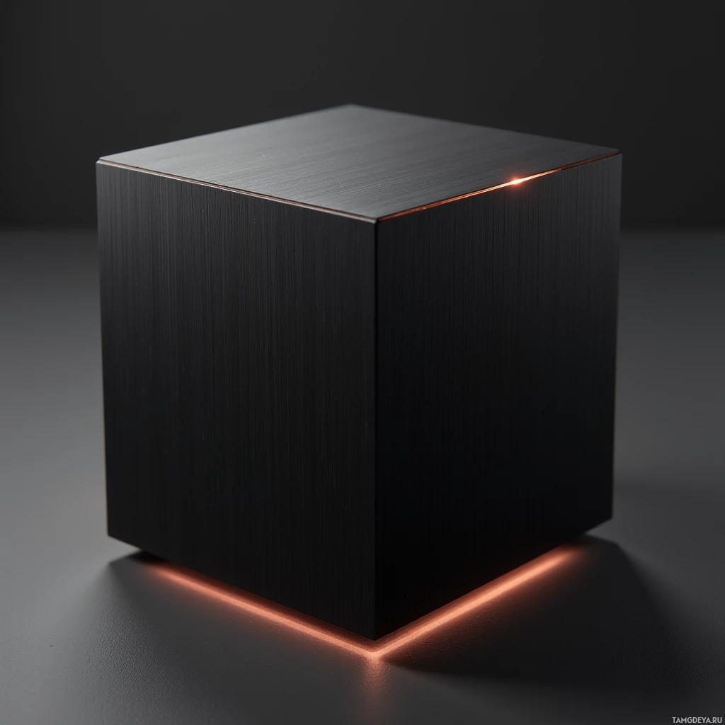A black cube with glowing orange edges on a dark surface.