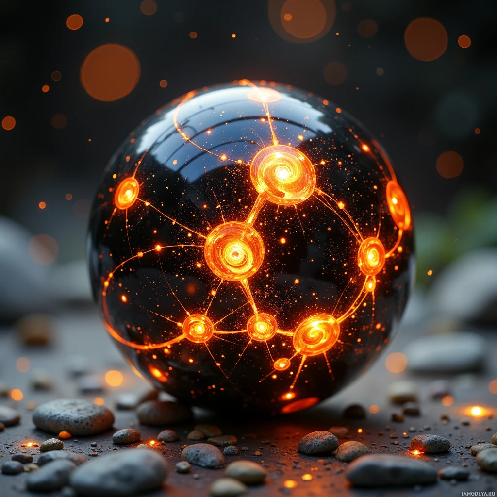 A glowing, intricate network of light forms a spherical pattern on a dark background.