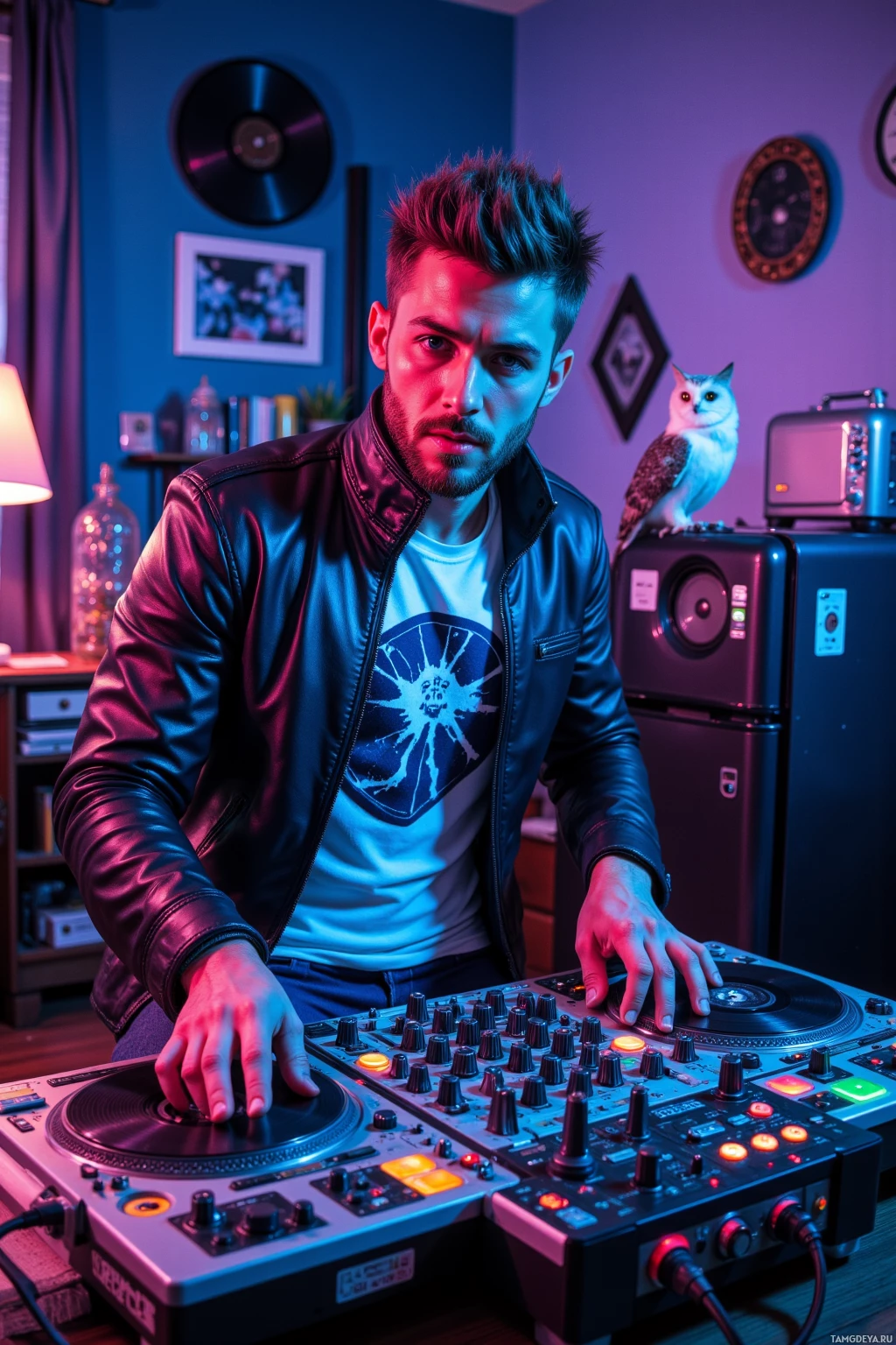 A person stands behind a DJ setup with a cat perched on a speaker in a vibrant, neon-lit room.