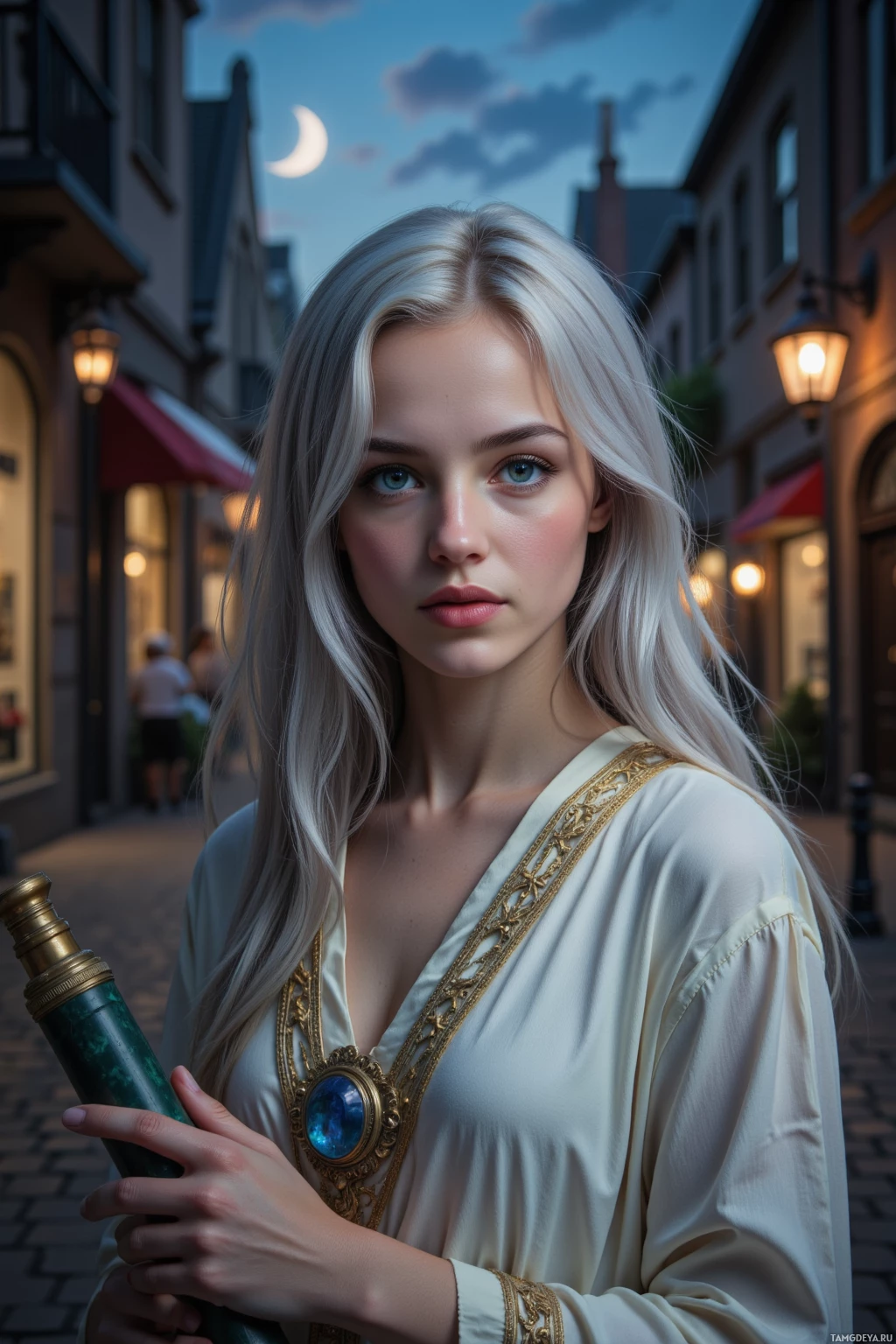 A person in an elegant white robe with gold accents holds a green object against a backdrop of a quaint street at dusk.
