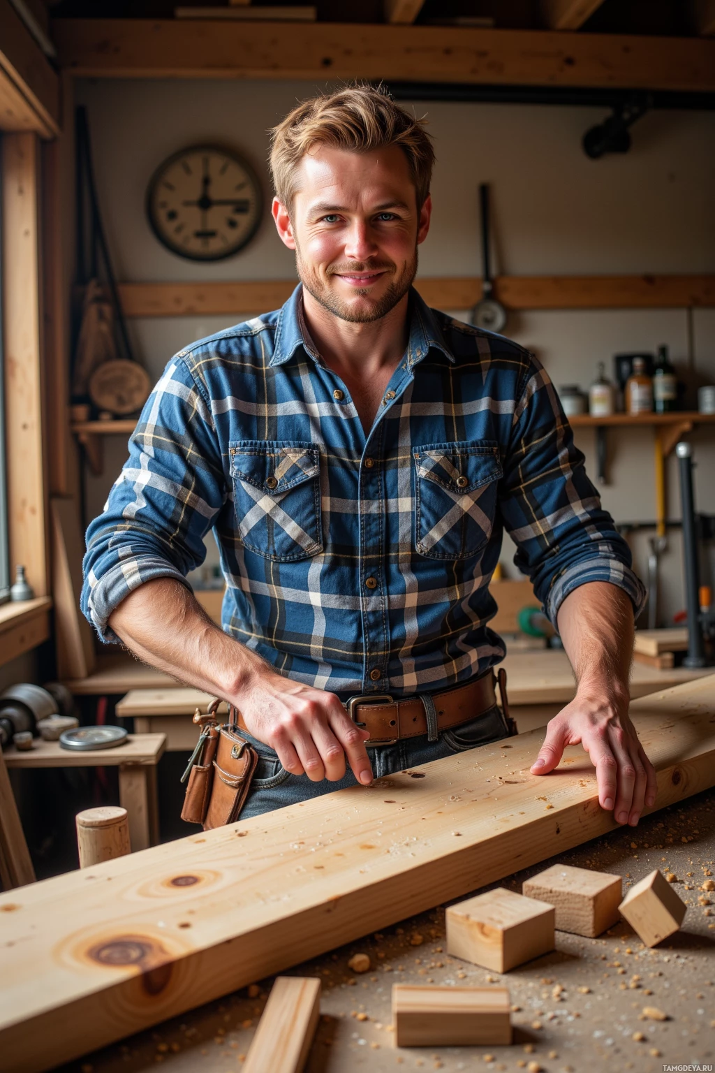 A man in a plaid shirt works with wood in a workshop.