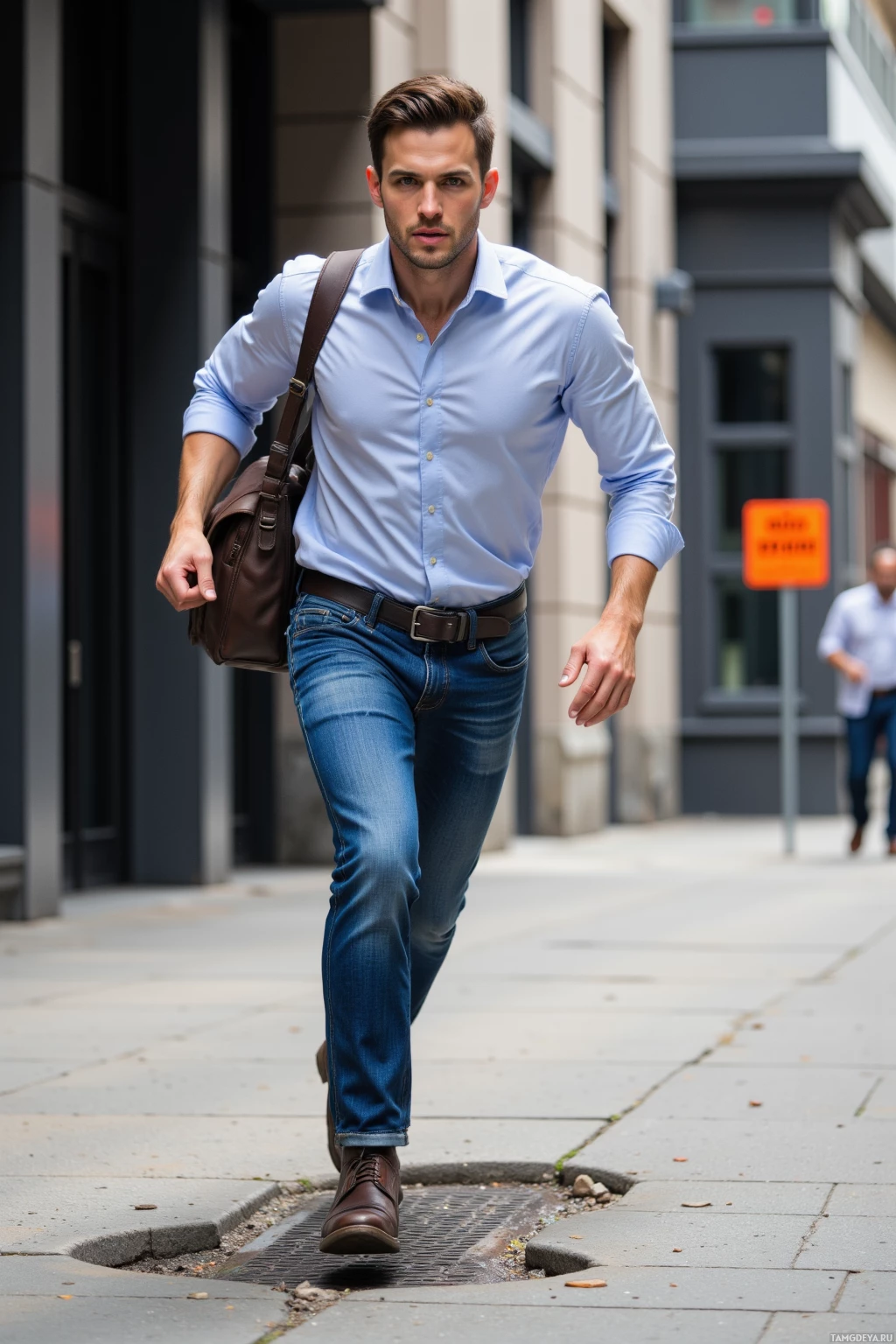 A man in a light blue shirt and jeans walks down a city street carrying a brown bag over his shoulder.