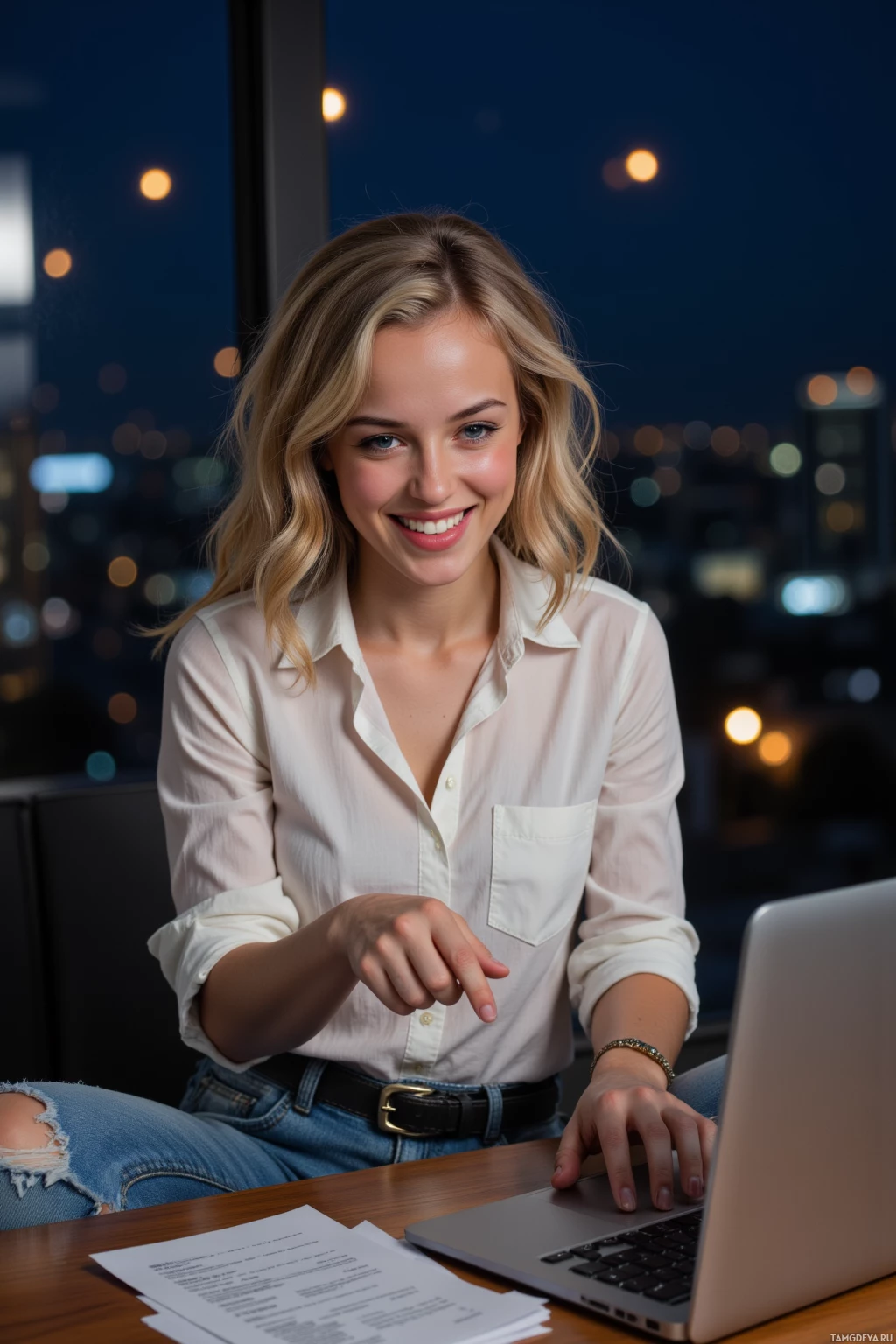A woman smiles while working on a laptop in an office setting.