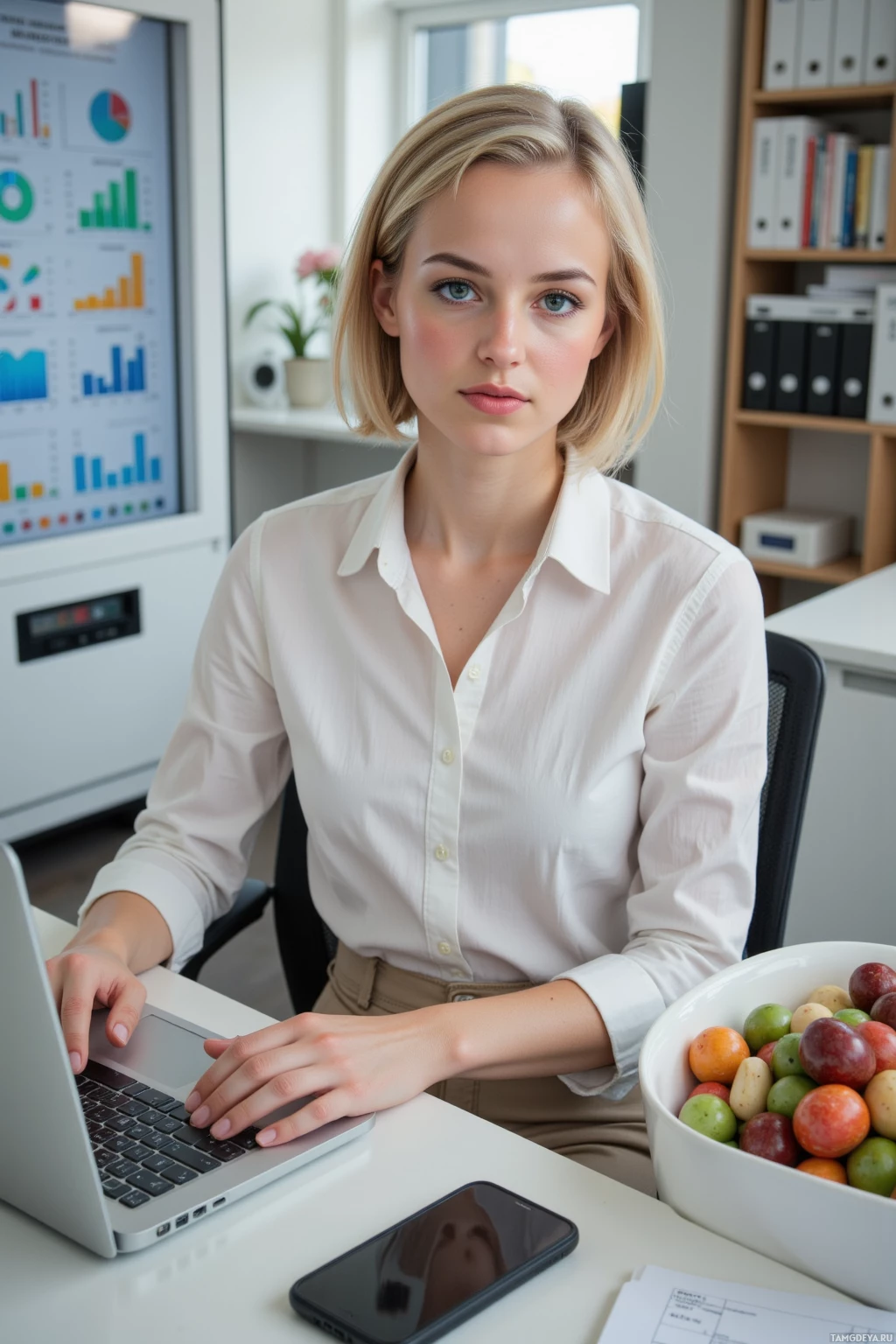A person in a white shirt is working at a desk with a laptop and a bowl of fruit.