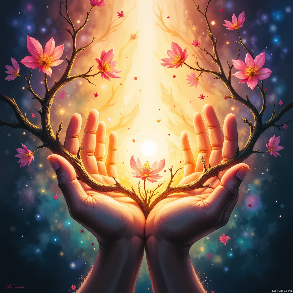 Two hands cupped together with branches and blossoming flowers extending from them against a glowing background.