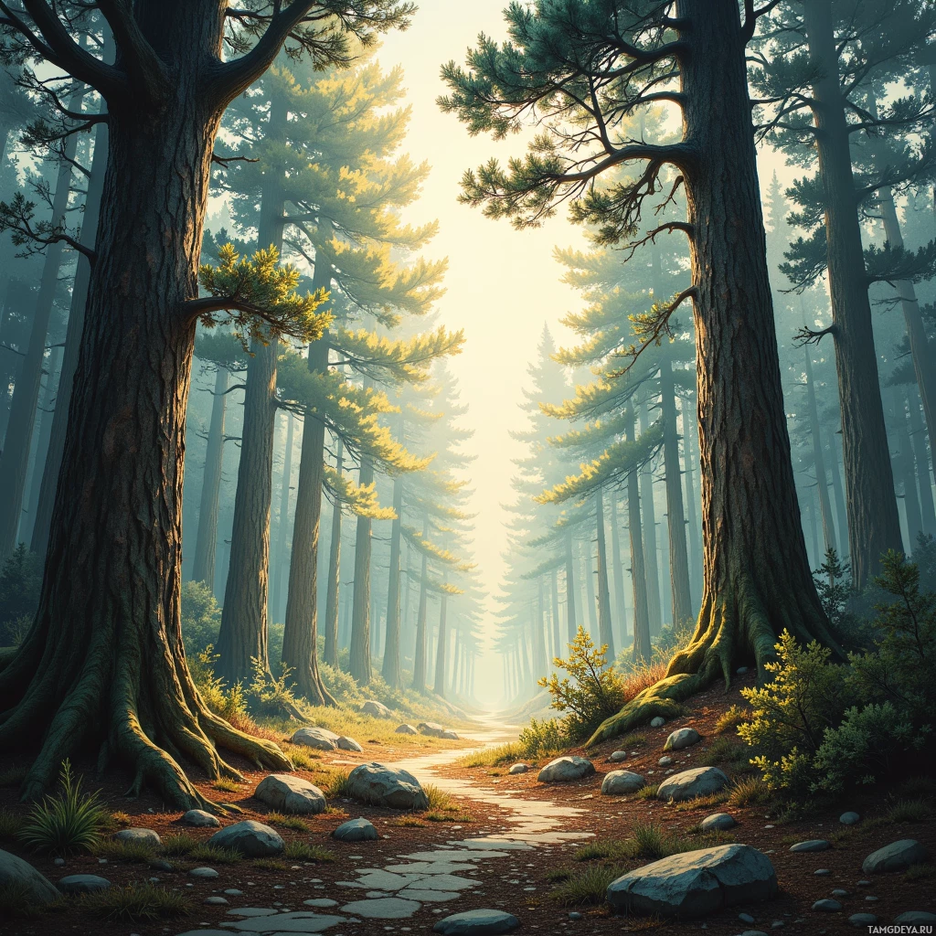 A serene forest scene with tall trees and a path leading into the light.