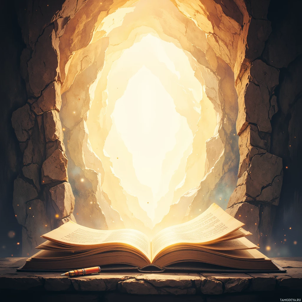An open book lies on a stone surface, with a glowing light emanating from a cave-like opening above it.