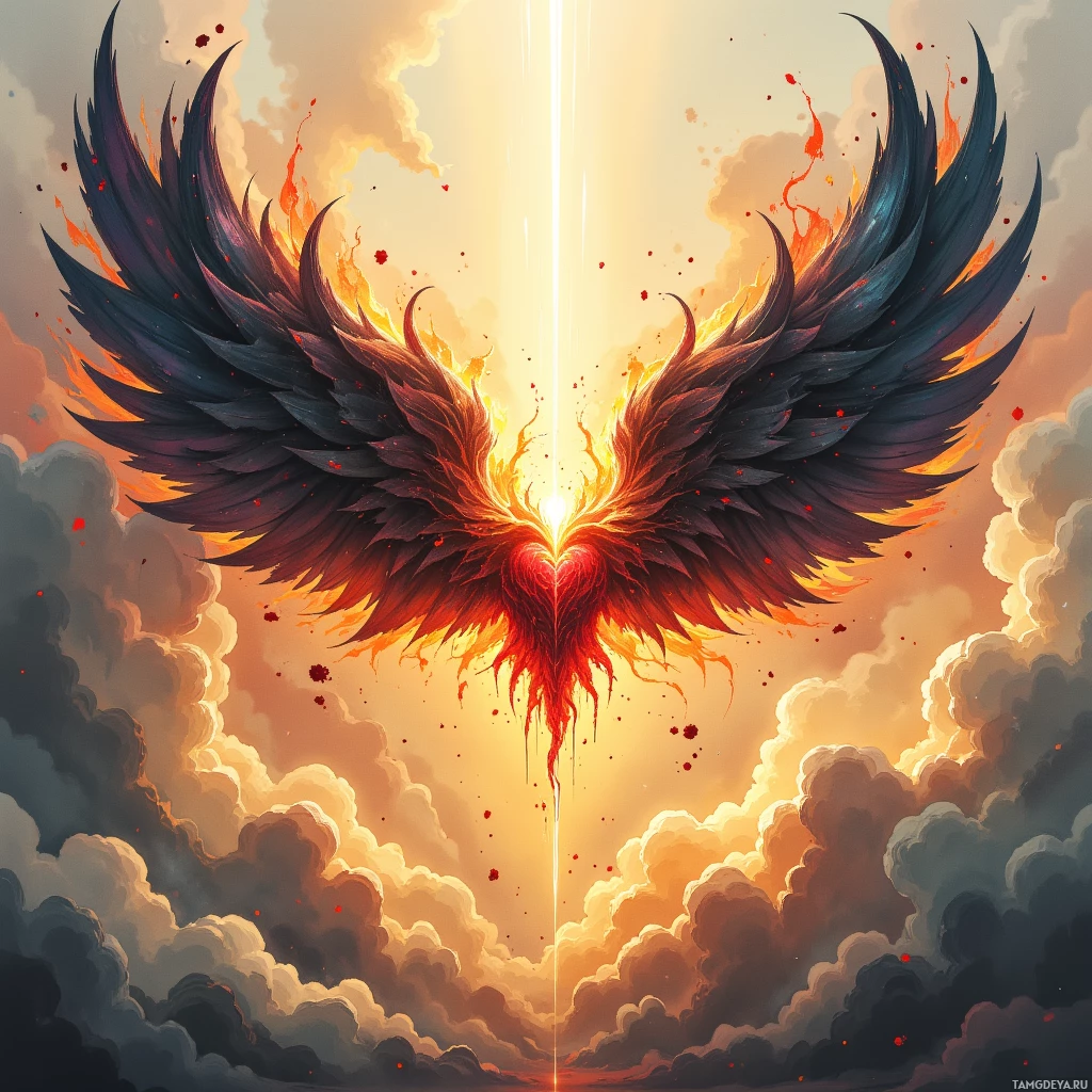 A fiery phoenix with outstretched wings soars amidst clouds against a radiant sky.