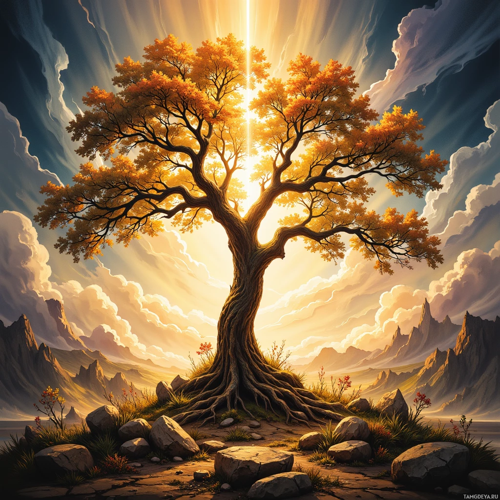 A majestic tree with golden leaves stands tall against a dramatic sky, with rocky terrain and distant mountains in the background.