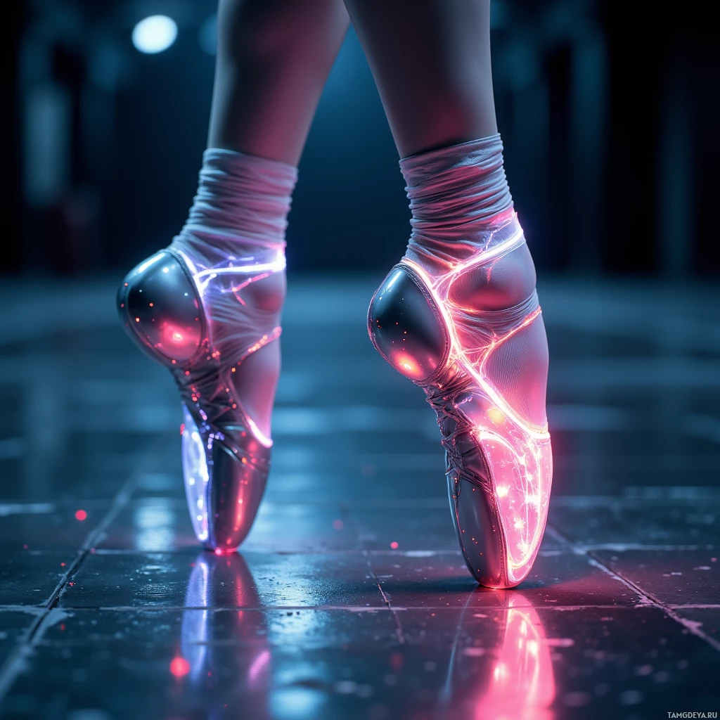 A close-up of illuminated ballet shoes on a reflective floor.