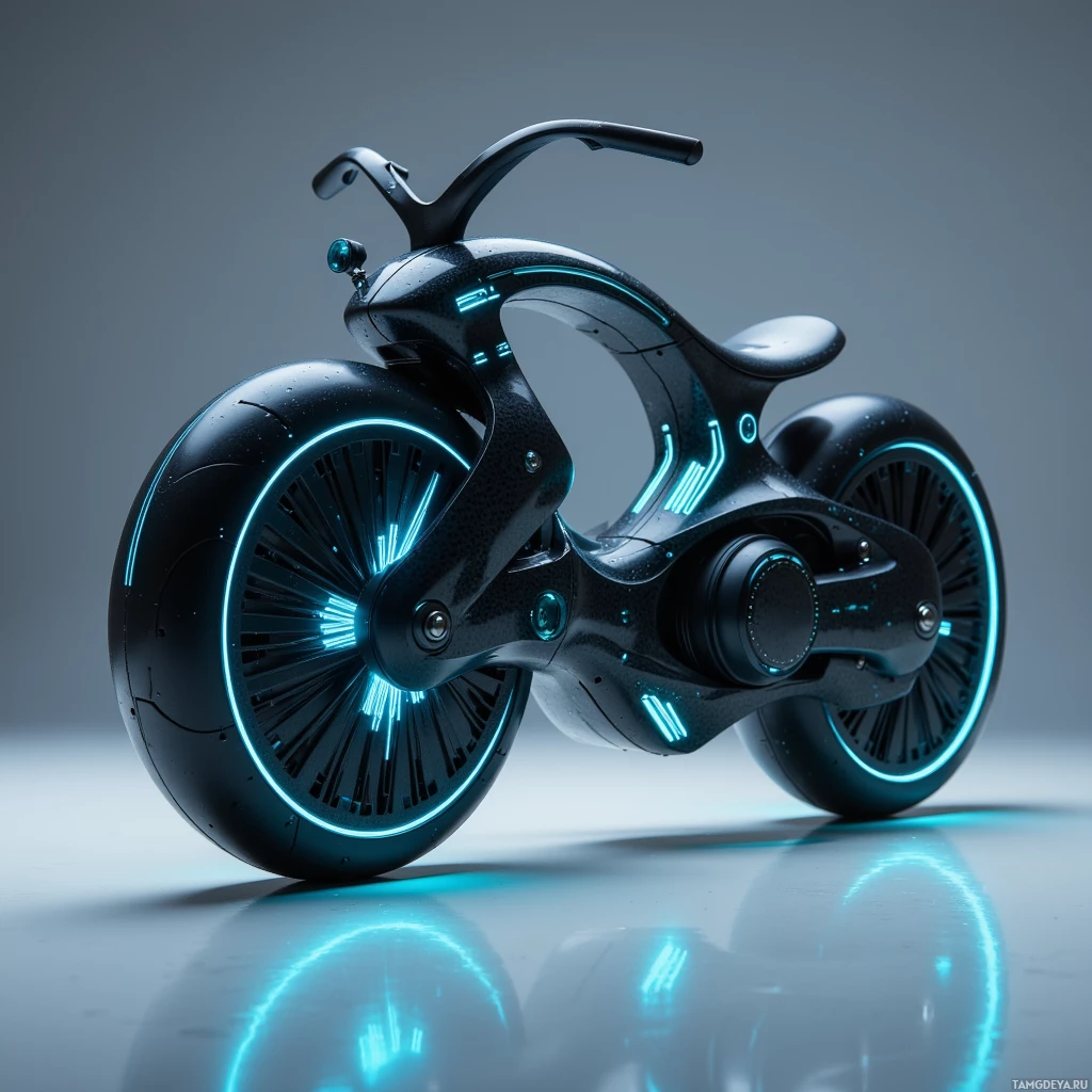 A futuristic motorcycle with glowing blue accents and a sleek, modern design.