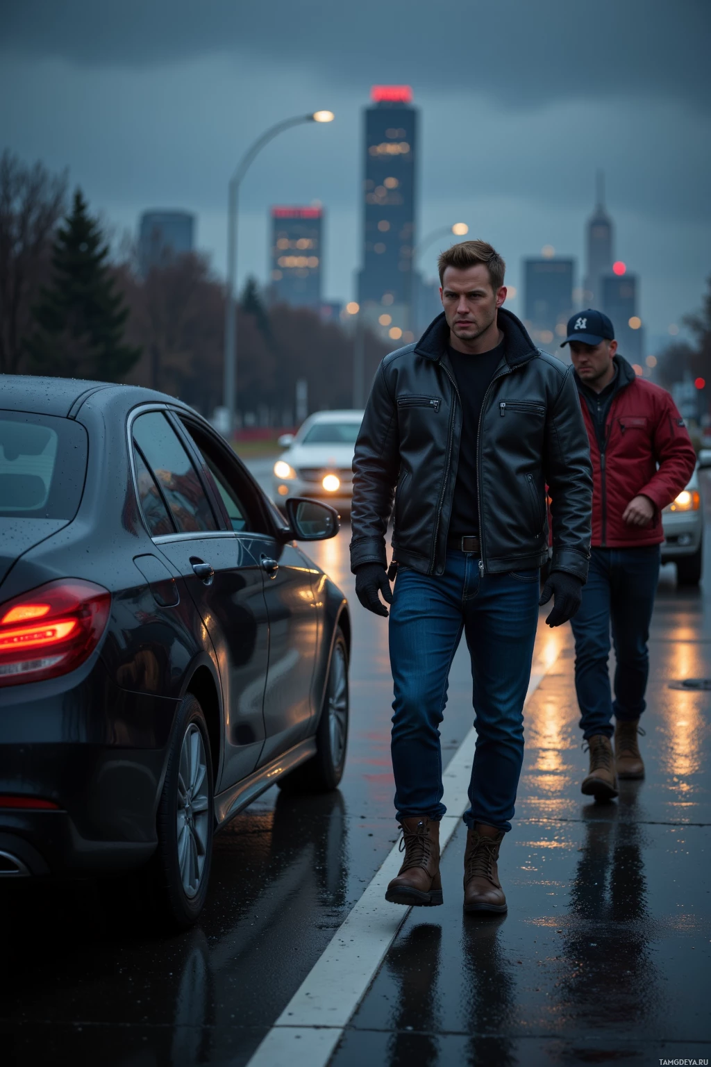 Two men walk on a wet road near parked cars with city lights in the background.