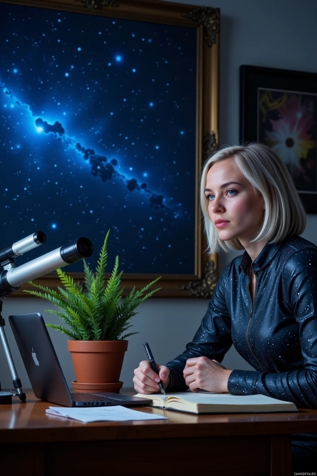 A person is sitting at a desk, writing in a notebook, with a laptop, telescope, and potted plant nearby.